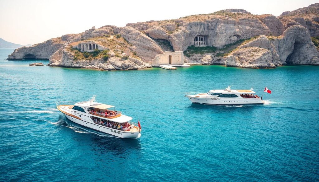 A serene seascape with a pair of distinctive coastal tour boats gliding across the turquoise waters. In the foreground, the elegant vessels carrying sightseers gracefully navigate the calm bay, their hulls reflecting the surrounding rocky shoreline. In the middle ground, ancient Lycian tombs carved into the rugged cliffs stand as silent witnesses to the timeless beauty of this Turkish coastal region. Soft, diffused sunlight bathes the scene in a warm, golden glow, creating a sense of tranquility and timelessness. The overall composition emphasizes the natural and historical elements of this picturesque coastal comparison, inviting the viewer to imagine the contrasts and similarities between the neighboring towns of Fethiye and Kas.