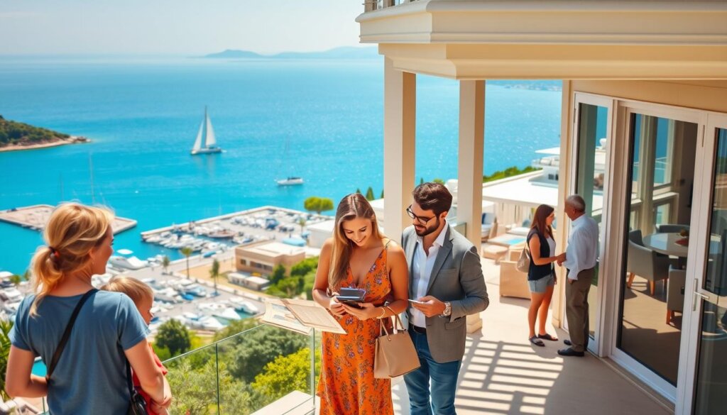 A serene seaside town in Belek, Turkey, with a picturesque marina and elegant villas. In the foreground, a family is engaged in the rental process, examining a property listing and discussing terms with a local real estate agent. Mid-ground, other potential renters are touring a furnished villa, admiring the sun-drenched terrace and modern amenities. In the background, the azure Mediterranean sea shimmers, with sailboats gliding across the horizon. The scene is bathed in warm, golden light, conveying the relaxed, inviting atmosphere of the rental experience in this idyllic coastal destination.