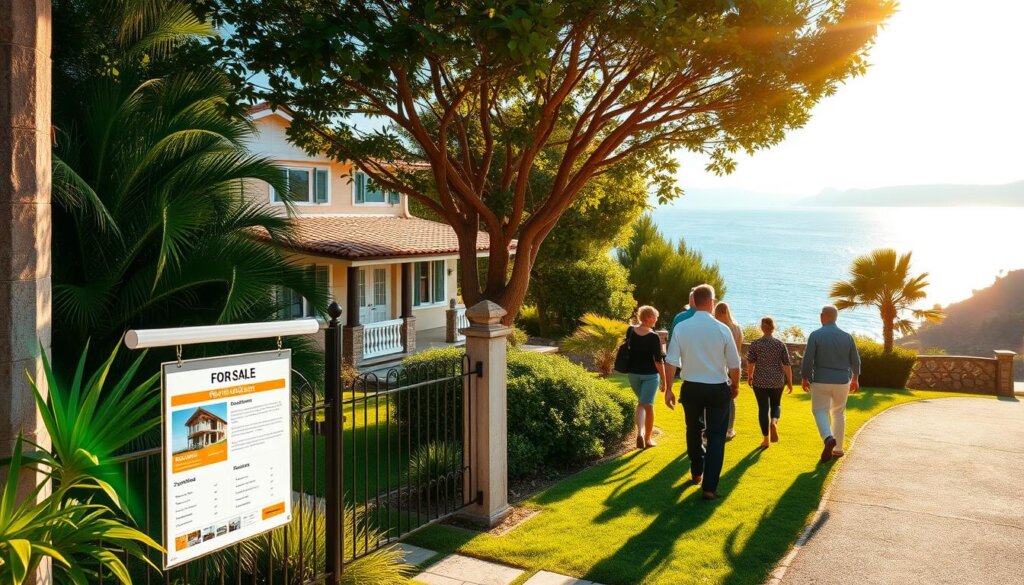 A serene, sun-drenched villa nestled amidst lush tropical foliage, with a "For Sale" sign prominently displayed at the front gate. In the foreground, a realtor's tablet showcases detailed property listings, highlighting key features like spacious bedrooms, modern amenities, and stunning sea views. The middle ground features a group of prospective buyers leisurely strolling the well-manicured grounds, discussing the property's potential. In the background, the azure waters of the Aegean Sea glisten under the warm, golden light, creating a tranquil, inviting atmosphere that captures the essence of Fethiye's desirable real estate market.