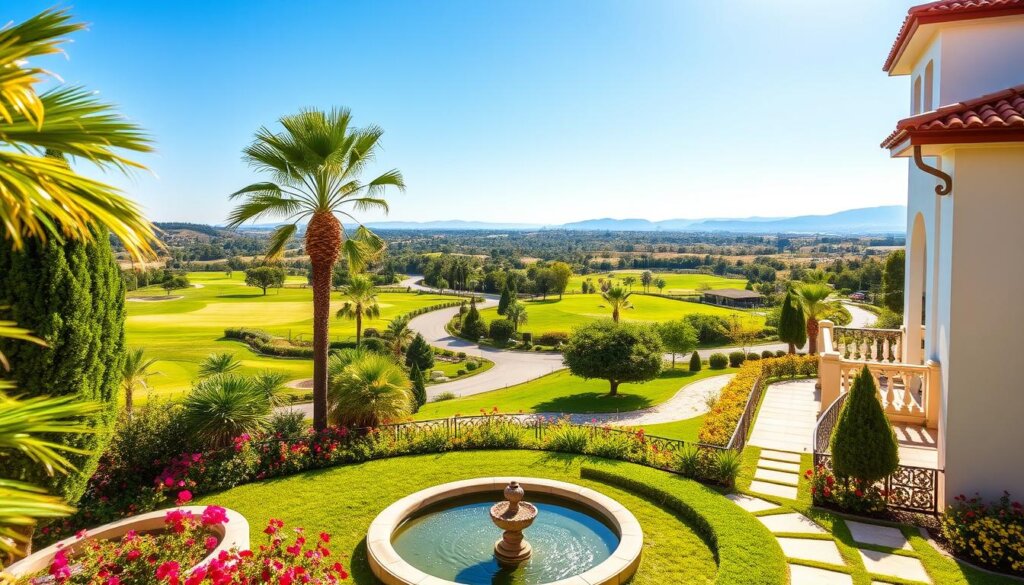 A serene, sun-drenched villa nestled amidst the lush greenery of Belek, Turkey. In the foreground, a well-manicured garden with vibrant flowers and a picturesque water feature. The villa's warm, Mediterranean-inspired architecture stands tall, its terracotta roof tiles and pristine white walls reflecting the brilliant daylight. Beyond the villa, the middle ground reveals a network of paved pathways leading to nearby golf courses, their manicured fairways and undulating greens visible in the distance. In the background, a panoramic view of the surrounding countryside, with rolling hills, swaying palm trees, and a clear, azure sky above. The scene exudes a sense of tranquility and exclusivity, capturing the essence of Belek's proximity to world-class golfing amenities and serene natural surroundings.