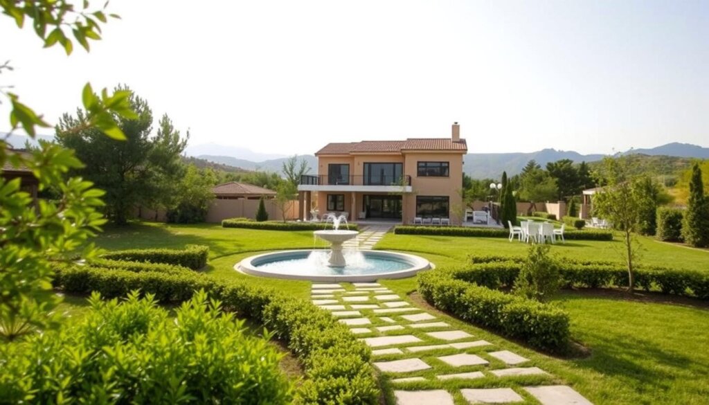 A serene villa nestled in the picturesque landscape of Belek, Turkey. In the foreground, a well-manicured garden with lush greenery and a tranquil fountain. In the middle ground, a modern, two-story villa with clean lines and warm, earthy tones, reflecting the local architectural style. The villa is surrounded by a stone pathway, leading the viewer's eye towards the entrance. In the background, rolling hills and a cloudless sky, conveying a sense of peace and tranquility. The scene is bathed in soft, natural lighting, creating a welcoming and inviting atmosphere. This image captures the steps of the villa buyer's journey, from the initial discovery of the property to the final decision to secure their dream home in Belek.