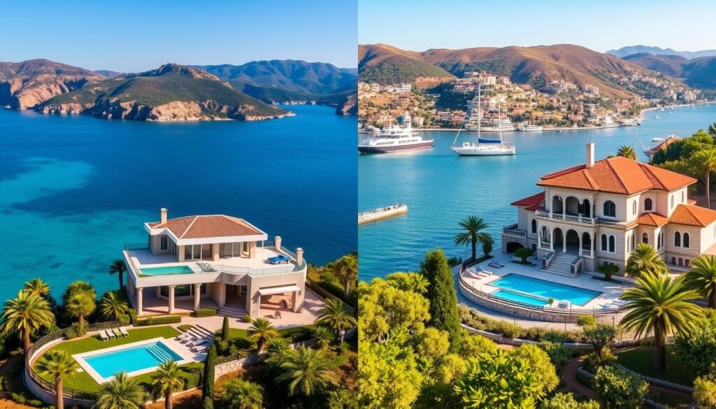 A side-by-side comparison of luxurious seaside villas in Antalya and Bodrum, Turkey. In the foreground, a modern Mediterranean-style villa with a private pool and terrace overlooking the turquoise Aegean Sea in Bodrum. In the middle ground, a grand Turkish villa with intricate architectural details and lush gardens in Antalya. The background features the stunning natural landscapes of both regions - the dramatic cliffs and pristine beaches of Antalya contrasted with the rolling hills and picturesque harbors of Bodrum. The scene is bathed in warm, golden sunlight, capturing the inviting atmosphere of these premium Turkish real estate destinations.