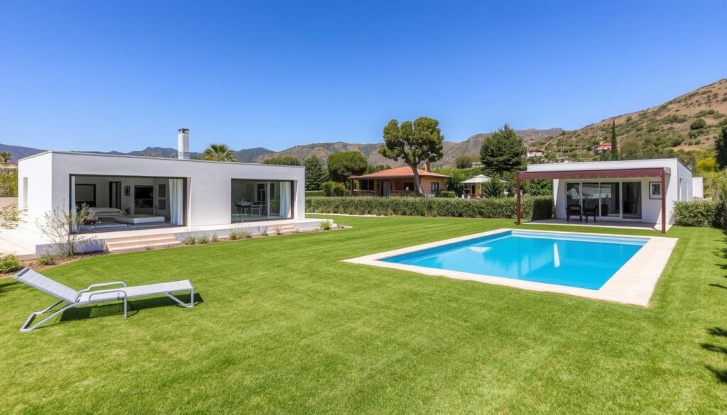 A sleek, modern villa nestled in the rolling hills of Side, Turkey, surrounded by lush greenery and a clear blue sky. The villa's exterior features a clean, minimalist design with large windows that let in abundant natural light. In the foreground, a well-manicured lawn leads to a private pool, where sun-drenched loungers beckon for relaxation. The middle ground showcases the villa's courtyard, featuring a cozy seating area and a shaded terrace, perfect for entertaining guests. In the background, the distant mountains provide a stunning backdrop, hinting at the region's natural beauty and the potential for rental income from this prime real estate.