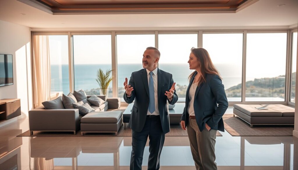 A sophisticated high-end villa with a professional real estate expert, Aydın Çakır, discussing details with a prospective client. The villa is situated in a picturesque coastal landscape of Alanya, Turkey, with the azure Mediterranean Sea in the background. Warm natural lighting filters through floor-to-ceiling windows, creating a serene, inviting atmosphere. Çakır, dressed in a tailored suit, gestures animatedly as he explains the villa's features and benefits to the attentive client. The scene conveys a sense of expertise, luxury, and the perfect match between property and buyer, reflecting the article's subject of "Affordable Luxury" in Alanya's real estate market.