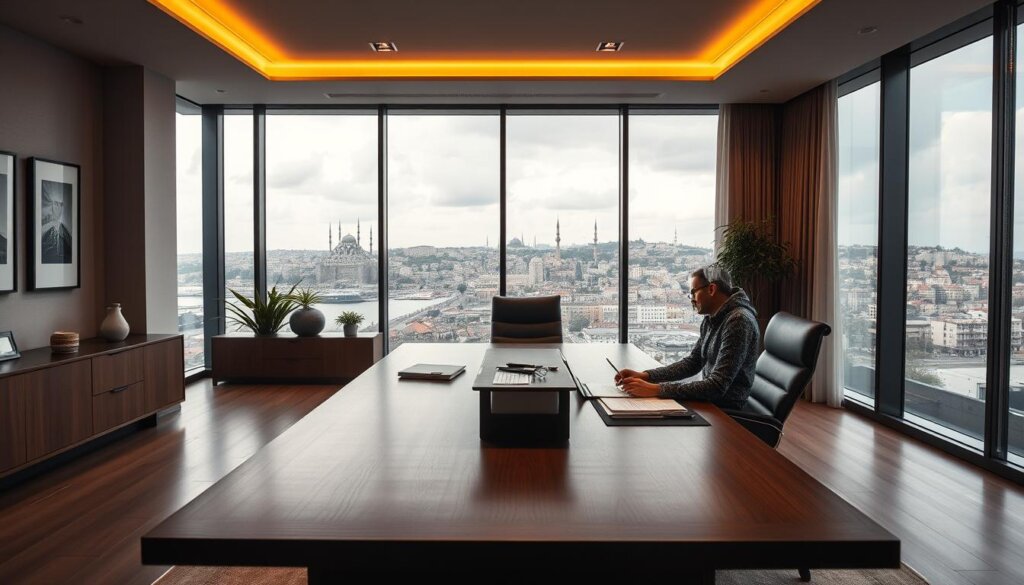 A sophisticated modern office interior with warm lighting, a large wooden desk, and a panoramic window overlooking the iconic Istanbul skyline. In the foreground, an experienced real estate consultant sits at the desk, engrossed in documents and a laptop, conveying a sense of expertise and professionalism. The middle ground features tasteful decor including framed art and potted plants, creating a refined and welcoming atmosphere. The background showcases the breathtaking view of Istanbul's historic landmarks, suggesting the property guidance offered is tailored to the city's unique real estate landscape.