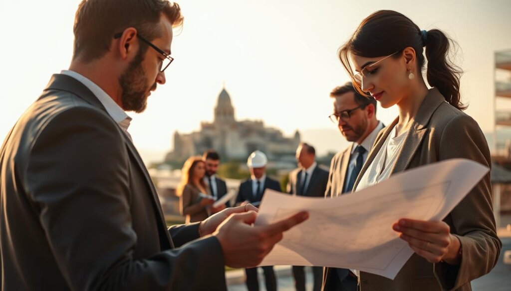 A sophisticated real estate transaction unfolding in the picturesque coastal town of Alanya, Turkey. In the foreground, a prospective home buyer examines blueprints and documents, meticulously reviewing the purchase process. The middle ground reveals a team of local professionals - lawyers, brokers, and builders - guiding the transaction with expertise. In the background, the iconic Alanya Castle stands tall, symbolizing the rich history and cultural heritage of this Mediterranean gem. Warm, golden sunlight filters through, casting a serene glow over the scene. High-resolution, cinematic-style photography captures the gravity and significance of this pivotal real estate decision.