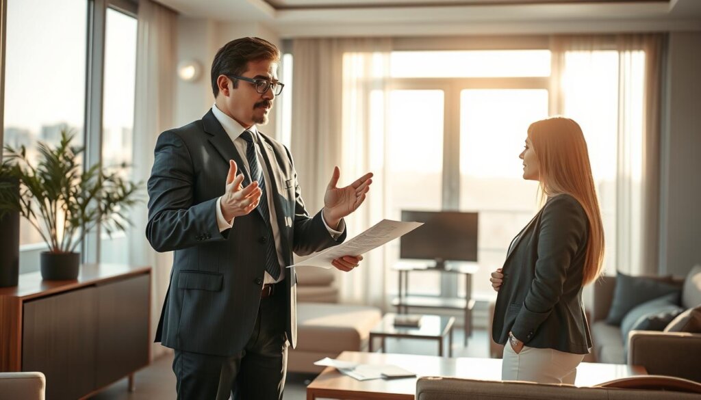 A sophisticated, well-dressed professional stands in a modern, sun-drenched office, gesturing confidently while reviewing property documents with an attentive client. The scene exudes an atmosphere of expert guidance and personalized attention, capturing the essence of "Expert Guidance from Aydın Çakır". Soft, warm lighting illuminates the space, creating a welcoming and trustworthy ambiance. The interior features minimalist, high-end furnishings that convey a sense of refined elegance, complementing the expert's authoritative presence. The overall composition highlights the collaborative nature of the real estate consultation, with the client and expert engaged in a productive discussion about property options in Alanya.