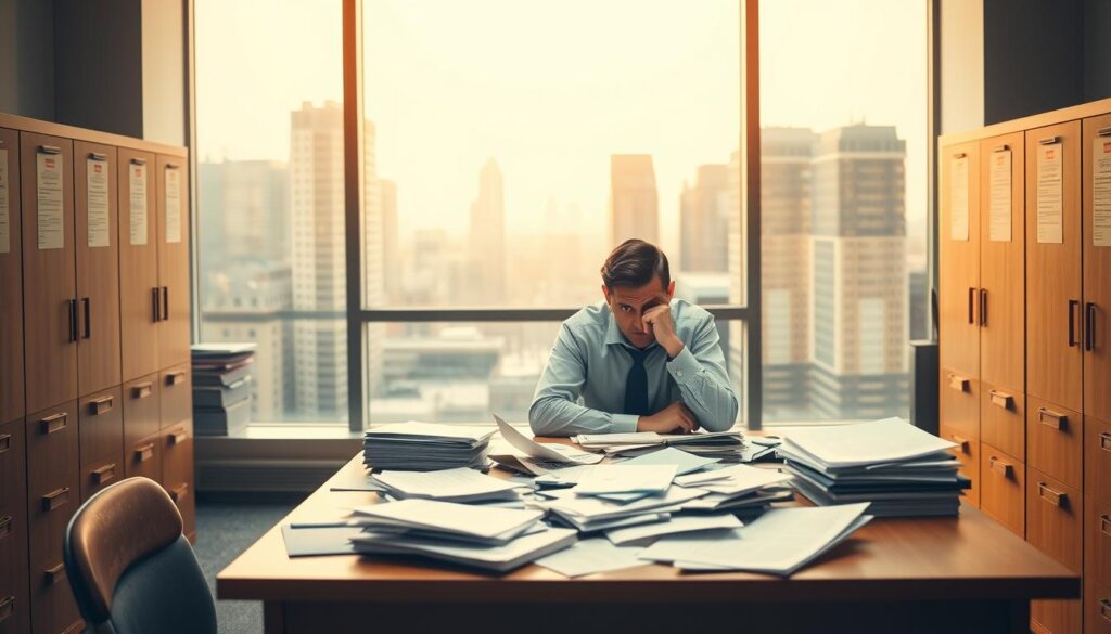 A spacious office interior with a desk, chair, and file cabinets visible in the foreground. In the middle ground, a frustrated person sits at the desk, surrounded by scattered papers, a furrowed brow, and a pensive expression. The background depicts a window overlooking a generic city skyline, casting warm, diffused lighting throughout the scene. The mood is one of bureaucratic frustration and the challenges of navigating complex administrative processes. The image conveys the difficulties often encountered in residence permit applications.