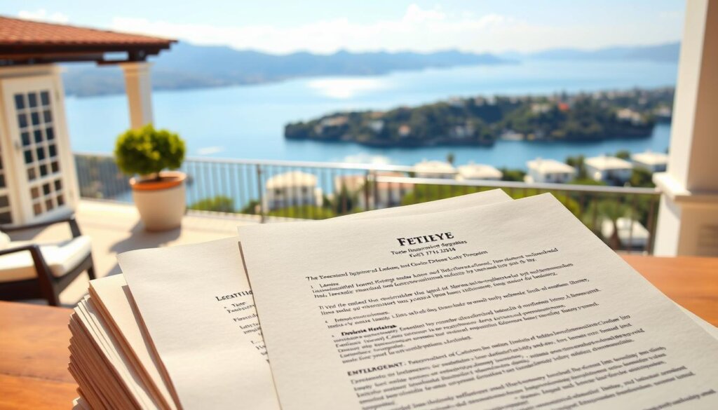 A spacious villa set against the stunning backdrop of the Fethiye coastline, sunlight cascading across the terrace. In the foreground, a stack of legal documents outlines the requirements for foreign property ownership - crisp text on sturdy parchment, meticulously organized. The middle ground features a realtor gesturing to the papers, their expression conveying expert guidance. The distant horizon is dotted with the iconic white-washed villas and lush greenery that define the Fethiye landscape, creating a sense of tranquility and possibility. Warm, soft lighting illuminates the scene, inviting the viewer to envision themselves navigating the process of acquiring a piece of this picturesque Turkish paradise.