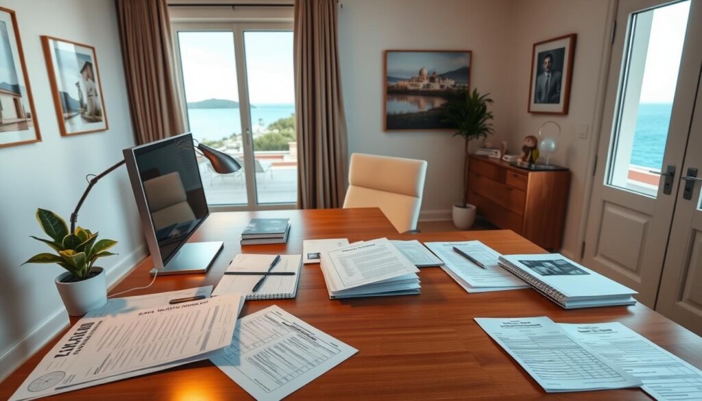 A spacious, well-lit home office setting with a wooden desk, computer monitor, and a variety of financial documents, including mortgage paperwork, loan applications, and real estate brochures. On the desk, a stylish lamp casts a warm glow, and a potted plant adds a touch of nature. The walls are adorned with neutral-toned artwork, creating a sophisticated and professional ambiance. In the background, a large window offers a scenic view of a seaside villa, hinting at the potential property purchase. The lighting is soft and diffused, emphasizing the thoughtful, contemplative mood of a prospective property buyer exploring their mortgage options.