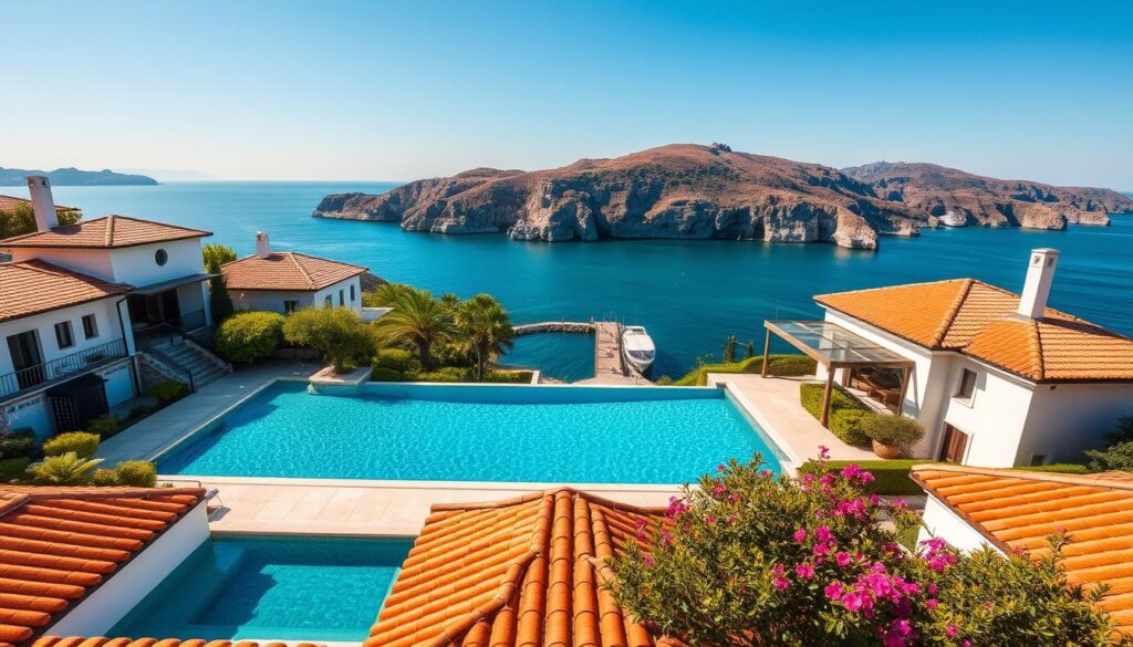 A sprawling Mediterranean villa nestled along the picturesque Turkish Riviera, bathed in warm, golden sunlight. The foreground features a stunning infinity pool, its crystal-clear waters reflecting the vibrant blue sky above. Terracotta-tiled roofs and whitewashed walls create a harmonious, luxurious aesthetic, complemented by lush, manicured gardens bursting with fragrant blooms. In the middle ground, a private dock extends into the shimmering turquoise sea, inviting leisurely boat trips. The background showcases the dramatic, rugged cliffs and hills characteristic of this stunning coastal region, evoking a sense of serene, paradise-like seclusion. A dreamlike, high-end ambiance permeates the scene, capturing the essence of luxury living on the Turkish Riviera.