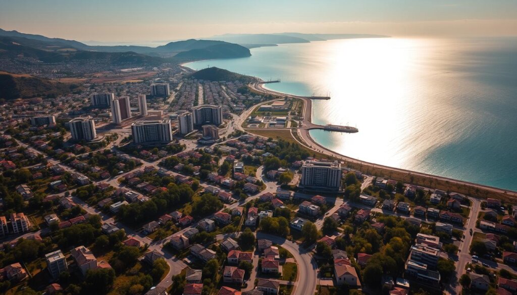 A sprawling aerial view of the Manavgat and Side real estate markets, bathed in the warm glow of the Mediterranean sun. In the foreground, a mosaic of residential neighborhoods, with modern apartment complexes and villas nestled among lush greenery. The middle ground reveals a bustling commercial district, with high-rise office buildings and bustling marketplaces. In the distance, the glimmering turquoise waters of the Aegean Sea lap against the rugged coastline, framed by rolling hills and ancient ruins. The scene conveys a sense of vibrant growth and prosperity, capturing the current pulse of the local real estate landscape. Cinematic lighting and a wide, sweeping perspective create a sense of depth and grandeur, inviting the viewer to immerse themselves in this dynamic Turkish coastal setting.