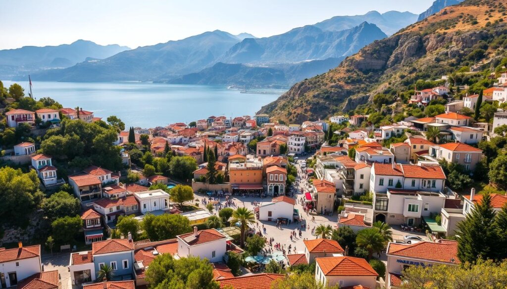 A sprawling cityscape of Kalkan, a picturesque coastal town in Turkey, unfolds before the viewer. In the foreground, an array of vibrant, white-washed buildings with terracotta roofs dot the hillside, reflecting the warm Mediterranean sun. Lush, verdant foliage cascades down the slopes, contrasting with the turquoise waters of the Aegean Sea that glisten in the distance. The middle ground reveals a bustling marketplace, where locals and tourists alike browse an array of shops, cafes, and real estate offices, showcasing the thriving economy. In the background, rugged mountains rise majestically, their peaks shrouded in a soft, hazy light, creating a sense of timelessness and tranquility. The overall scene conveys the allure and vibrance of the Kalkan real estate market, enticing potential buyers with its picturesque setting and promising investment opportunities.