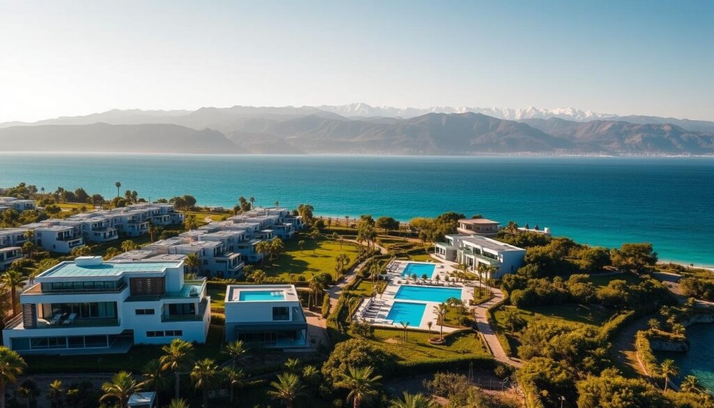 A sprawling collection of luxurious coastal villas nestled along the turquoise shores of Mersin, Turkey. In the foreground, modern Mediterranean-style architecture with clean lines, large windows, and private terraces overlooking the glistening sea. Lush, manicured gardens and swimming pools dot the middle ground, creating a serene oasis. In the background, the dramatic silhouette of the Taurus Mountains rises, their peaks capped with snow and bathed in warm, golden sunlight. A sense of tranquility and exclusivity permeates the scene, inviting one to imagine living in this picturesque seaside sanctuary.