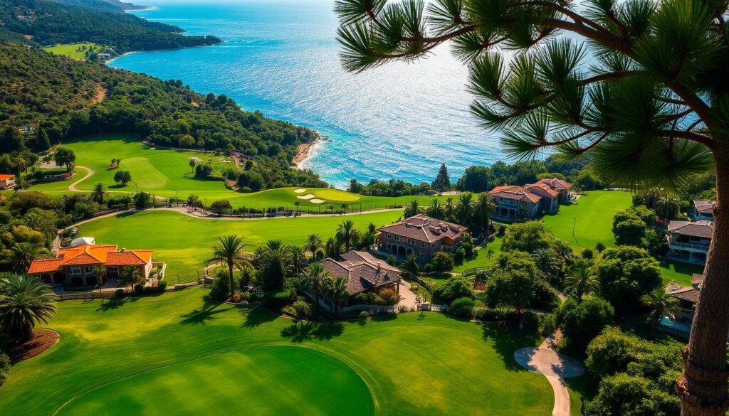 A sprawling golf course with lush, verdant fairways and manicured greens, surrounded by a collection of charming villas nestled amidst verdant foliage. The villas, adorned with warm, Mediterranean architecture, feature terracotta roofs, arched windows, and balconies that overlook the fairways. Sunlight filters through the palm trees, casting a golden glow across the scene. In the distance, the sparkling blue waters of the Belek coastline are visible, blending seamlessly with the azure sky. This idyllic setting captures the essence of luxury living in Belek, Turkey, where golf course villas offer a perfect blend of tranquility and sophisticated amenities.