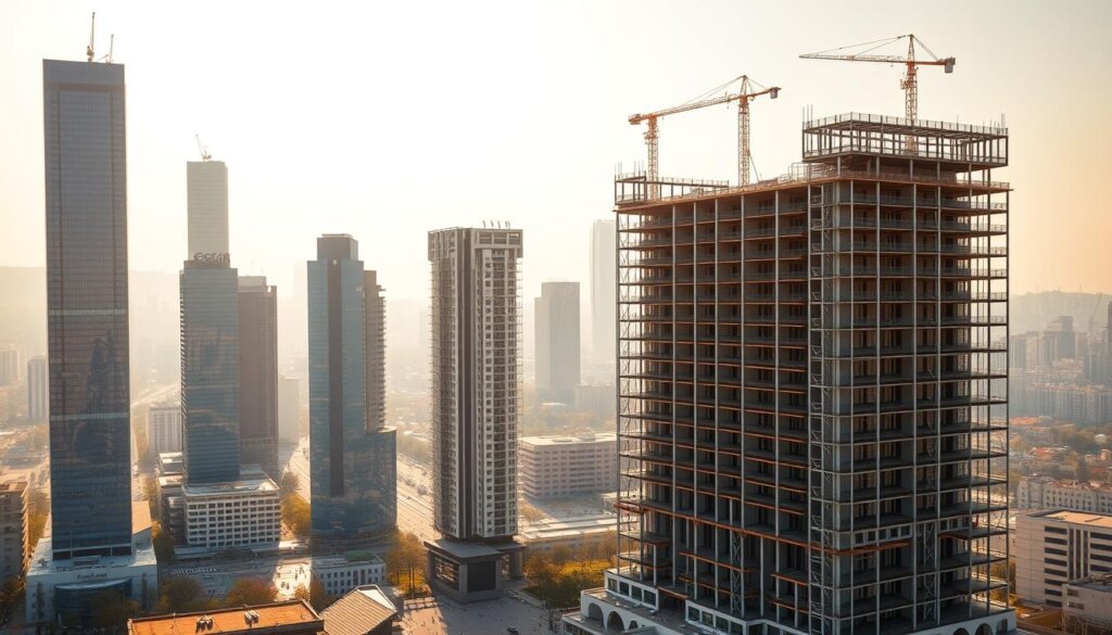 A sprawling urban landscape of Istanbul, with towering skyscrapers and bustling streets. In the foreground, two buildings stand in contrast - one a sleek, modern construction, the other a partially completed structure, its framework exposed. The ready property gleams with a glossy finish, crisp edges, and a vibrant palette, while the off-plan building appears raw and unfinished, scaffolding and cranes dotting the scene. Warm, golden sunlight filters through the haze, casting a soft glow over the cityscape. The overall atmosphere conveys the dynamic real estate market, balancing the polished, completed developments with the promise of future growth and construction. A visual representation of the distinct nature of off-plan and ready properties in Istanbul.