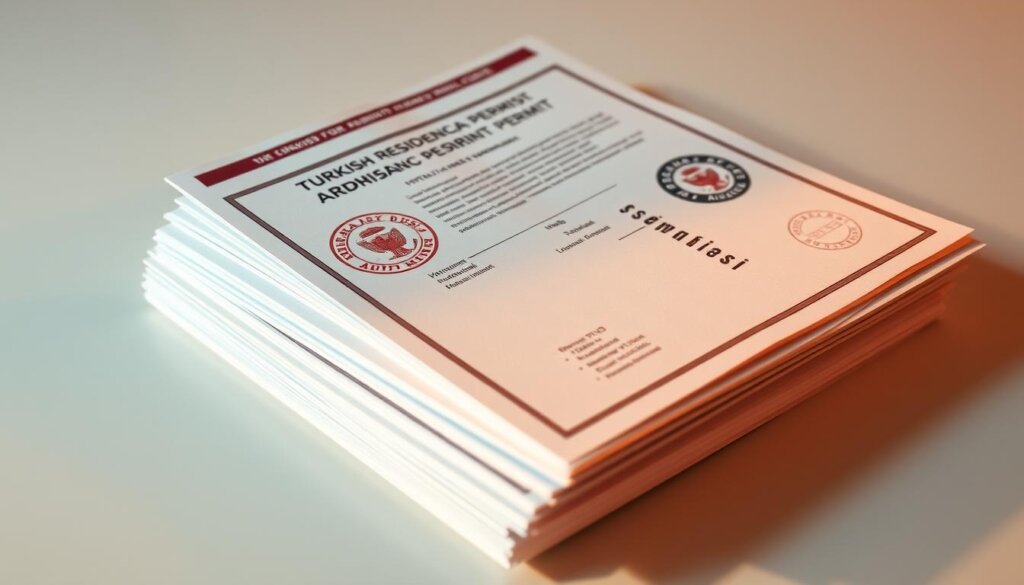 A stack of Turkish residence permit documents, meticulously arranged on a clean, well-lit table. The paperwork features official government seals, stamps, and headers in Turkish and English. The documents are slightly angled, casting soft shadows that create depth and dimension. The lighting is warm and balanced, highlighting the crisp, professional appearance of the materials. The background is a neutral, muted tone, placing the focal point squarely on the residence permit documentation. The overall atmosphere conveys a sense of official bureaucracy and administrative process, setting the stage for an informative guide on the requirements and eligibility for a Turkish residence permit.