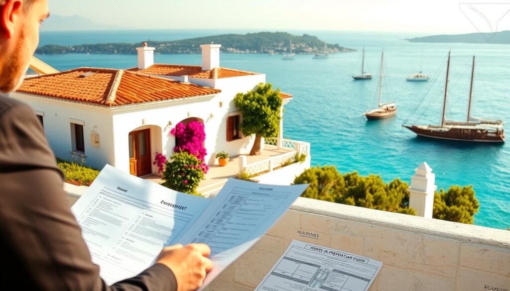 A step-by-step property evaluation guide in Kas, a picturesque Mediterranean coastal town. The foreground depicts a realtor guiding a potential buyer through a meticulously detailed checklist, surrounded by architectural blueprints and a floor plan. The middle ground showcases a serene seaside villa with whitewashed walls, terracotta roofs, and lush bougainvillea climbing the façade. In the background, the stunning azure waters of the Aegean Sea, dotted with traditional Turkish gulets, complement the tranquil, sun-drenched atmosphere. The scene is illuminated by warm, golden natural lighting, capturing the essence of Kas's alluring real estate and the expertise of a local guide.