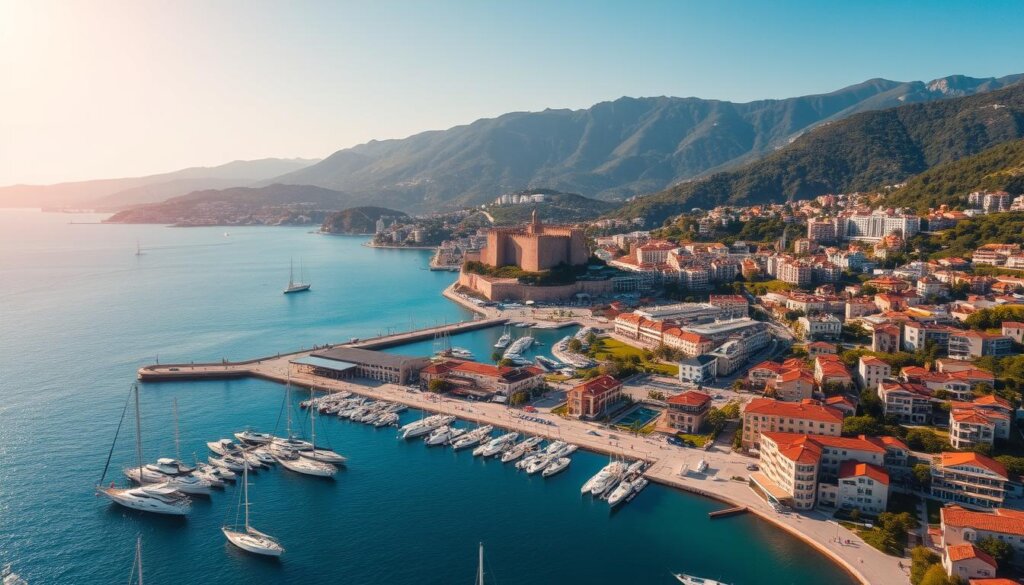A stunning aerial view of Alanya's strategic coastal location, showcasing its picturesque harbor, ancient castle, and sprawling resort developments. The warm Mediterranean sun casts a golden glow over the scene, illuminating the vibrant blue waters and the charming red-roofed buildings that dot the hillsides. In the foreground, a bustling marina teeming with sailboats and yachts, while in the middle ground, the imposing Alanya Castle stands tall, a testament to the city's rich history. The background is framed by lush, verdant mountains that rise up behind the city, providing a natural backdrop to this thriving tourism hub. The overall impression is one of a vibrant, well-connected coastal destination, perfectly positioned to capitalize on its natural beauty and strategic geographic advantages.