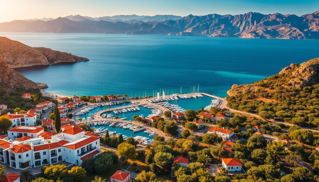 A stunning aerial view of a coastal town nestled between rugged mountains and a turquoise sea. In the foreground, a cluster of modern, whitewashed apartments with terracotta roofs overlook a bustling harbor filled with sailboats and fishing vessels. The middle ground showcases lush, verdant olive groves and citrus orchards, while the distant background features the majestic silhouette of the Taurus Mountains, bathed in warm, golden light. The scene exudes a sense of tranquility and prosperity, capturing the essence of Kas, a picturesque Turkish Mediterranean town known for its attractive real estate opportunities and financial considerations for foreign investors.
