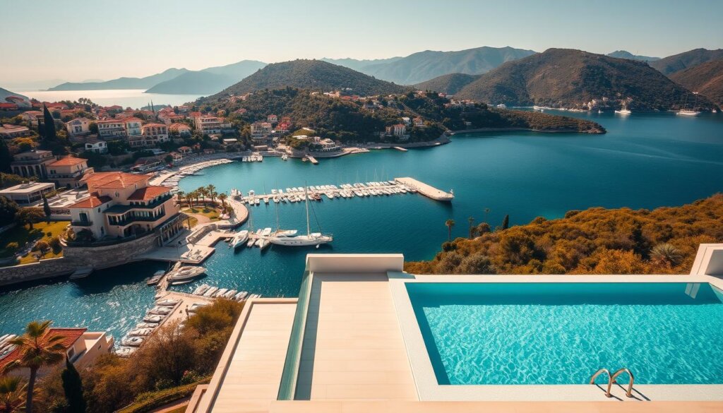 A stunning aerial view of the coastal town of Kalkan, Turkey, showcasing its investment potential. The frame captures the picturesque harbor, turquoise waters, and the rolling hills dotted with luxurious villas in the background. The sunlight casts a warm glow, highlighting the charming architecture and the lush Mediterranean vegetation. In the foreground, a modern villa with a sleek design and a pristine infinity pool overlooks the breathtaking scenery, hinting at the high-end real estate opportunities available. The composition emphasizes the strategic location, stunning natural beauty, and the allure of Kalkan as an ideal destination for savvy investors seeking a profitable property venture.