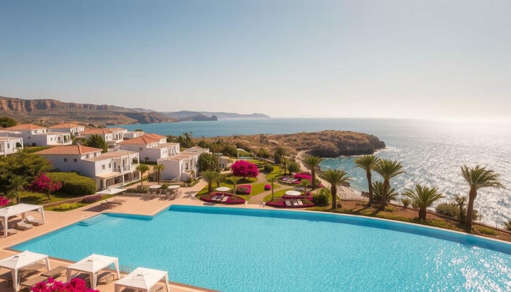 A stunning beachfront resort nestled along the picturesque Mediterranean coast, featuring an array of luxurious amenities. In the foreground, a shimmering infinity pool with cabanas and sun loungers beckons visitors to relax and soak up the warm sunshine. Behind it, a series of low-rise, whitewashed buildings with terracotta roofs seamlessly blend into the natural landscape. In the middle ground, a lush, manicured garden with vibrant bougainvillea and palm trees creates a serene oasis. Finally, in the background, the glistening azure waters of the Mediterranean Sea stretch out to the horizon, complemented by rugged, sun-dappled cliffs. The scene is bathed in a soft, golden light, evoking a sense of tranquility and Mediterranean charm.