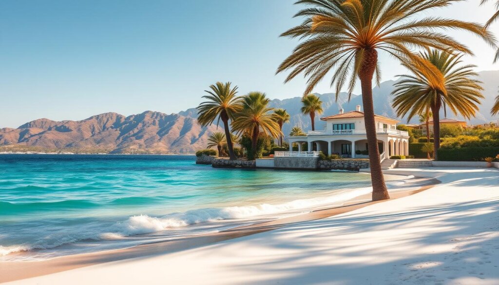 A stunning beachfront villa nestled in the picturesque town of Fethiye, Turkey. The property boasts a private beach, crystal-clear turquoise waters, and a lush Mediterranean landscape. In the foreground, a pristine white sandy beach leads to gently lapping waves. Towering palm trees sway in the light breeze, casting dappled shadows across the scene. The middle ground features the elegant villa, its classic Mediterranean architecture complemented by a terrace overlooking the sea. In the background, rugged mountains rise up, creating a dramatic and serene backdrop. Warm, golden sunlight bathes the entire scene, creating a peaceful and inviting atmosphere. This breathtaking property offers the ultimate in luxury and tranquility, making it an ideal location for a Mediterranean villa investment.