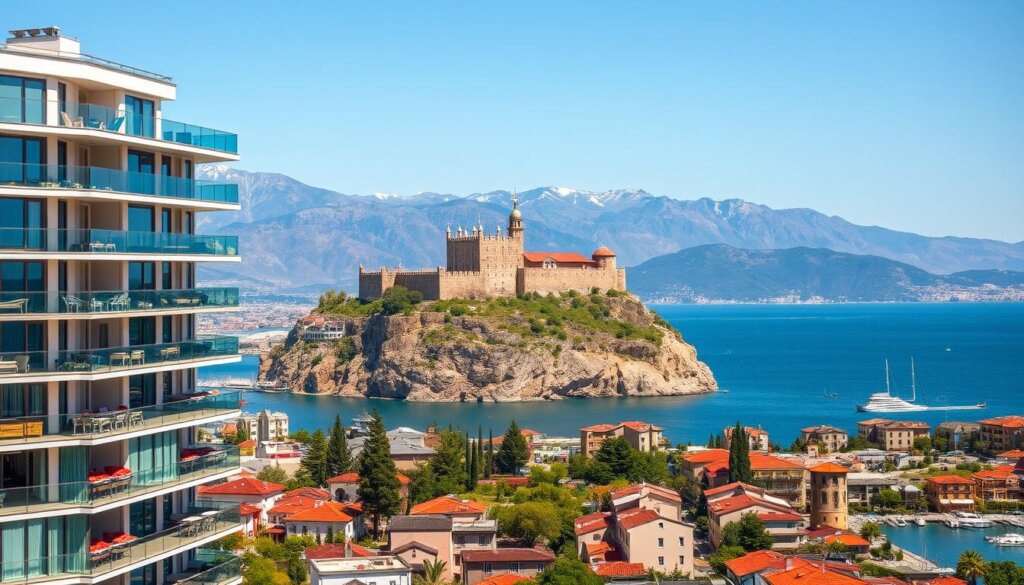 A stunning cityscape of Alanya, Turkey, bathed in warm Mediterranean sunlight. In the foreground, a modern apartment building with sleek glass facades and balconies overlooking the sparkling turquoise waters of the Alanya Bay. In the middle ground, the iconic Alanya Castle perched atop a craggy cliff, its red-tiled roofs and ancient stone walls a testament to the city's rich history. In the background, the rugged Taurus Mountains rise, their snow-capped peaks creating a dramatic contrast against the azure sky. The scene conveys the allure of Alanya's real estate market, with the potential for breathtaking views, proximity to historical landmarks, and a temperate climate that attracts investors seeking a prime Mediterranean lifestyle.