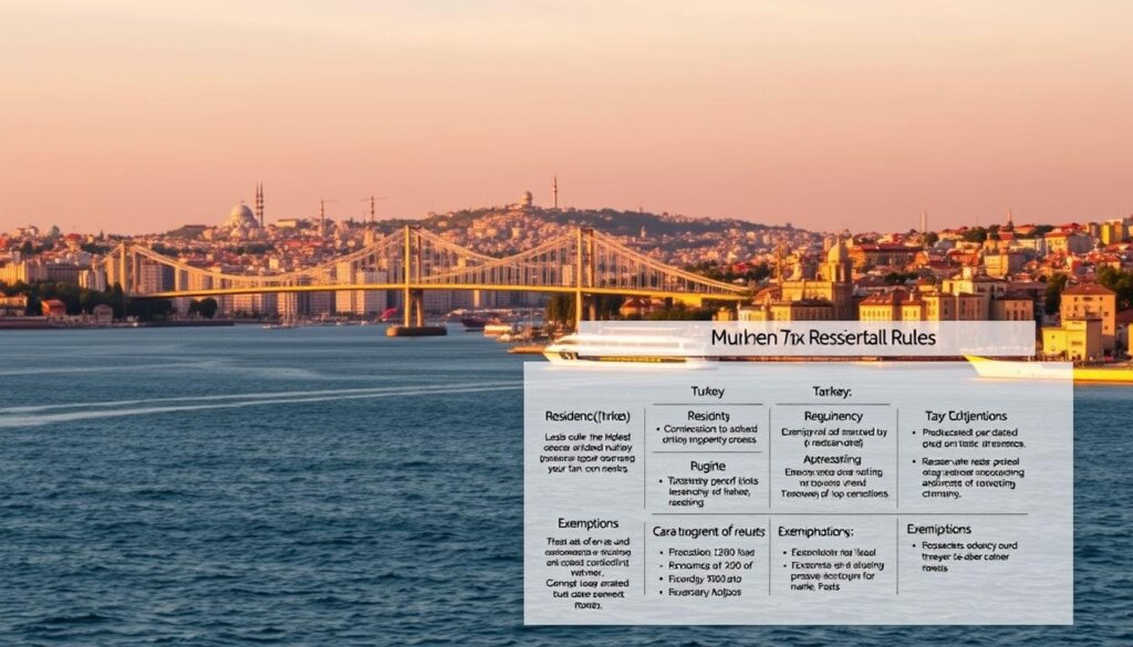 A stunning cityscape of Istanbul, Turkey, with the iconic Bosphorus Bridge in the background. In the foreground, a meticulously detailed illustration showcases the key aspects of tax residency rules, including residency requirements, tax obligations, and exemptions. The scene is illuminated by warm, golden lighting, creating a sense of authority and professionalism. The composition is balanced, with the city skyline serving as a dramatic backdrop, while the tax residency information takes center stage, drawing the viewer's attention to the critical details. The overall atmosphere conveys a sense of informative clarity, guiding the viewer through the complexities of tax residency in Turkey.
