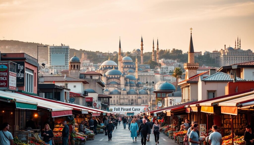 A stunning cityscape showcasing the vibrant contrast between the bustling streets of Istanbul and the serene Mediterranean landscapes of Spain. In the foreground, a lively open-air market with vendors selling local produce and handicrafts. In the middle ground, modern high-rise hotels and resorts stand against a backdrop of historic mosques and cathedrals. The lighting is warm and golden, casting a welcoming glow across the scene. The camera angle is slightly elevated, providing a panoramic view that captures the essence of the cost comparison between these two captivating destinations.