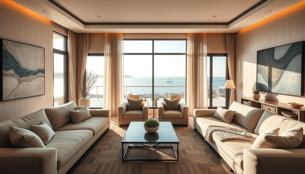 A stunning real estate staging photograph showcasing a luxurious living room in Alanya, Turkey. The scene is bathed in warm, natural light from large windows that offer breathtaking Mediterranean views. The room is tastefully furnished with high-end, contemporary decor - plush sofas, a sleek coffee table, and minimalist artwork adorn the walls. The overall atmosphere is one of sophisticated elegance and comfort, perfectly capturing the essence of Alanya's desirable coastal living. The photograph is framed with a wide-angle lens, emphasizing the spaciousness and openness of the space. Careful attention has been paid to the lighting, with subtle shadows and highlights that accentuate the room's architectural features and furnishings.
