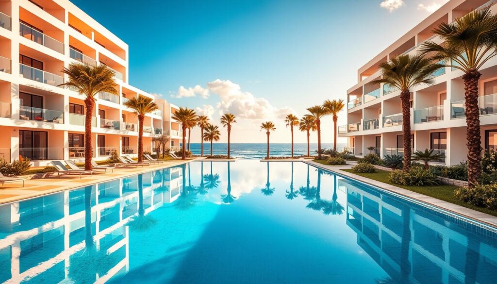A stunning seaside apartment complex, nestled between the azure pool and the shimmering Mediterranean Sea. The modern, minimalist facade is bathed in warm golden sunlight, casting long shadows across the crisp white walls. In the foreground, a perfectly still pool reflects the surrounding palm trees and cloudless sky, inviting residents to lounge and unwind. Beyond the pool, a lush, palm-lined promenade leads the eye towards the shimmering sea, where waves gently lap against the rocky shoreline. The apartments themselves feature expansive balconies, floor-to-ceiling windows, and sleek, contemporary interiors, offering the ultimate in coastal living.
