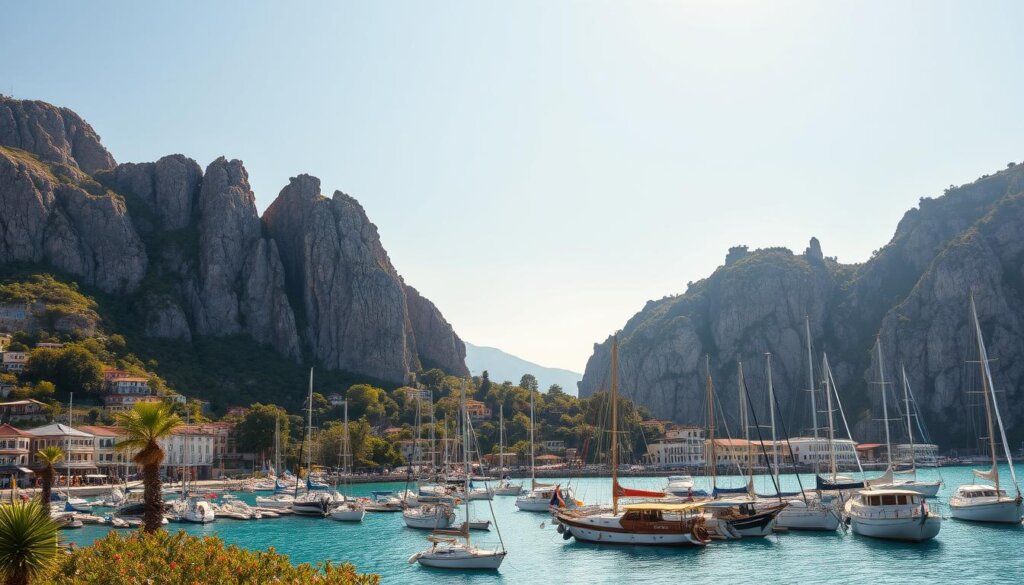 A stunning seaside town nestled along the picturesque Aegean coast, Fethiye offers a wealth of captivating attractions. In the foreground, a bustling harbor filled with colorful boats and traditional gulets sets the scene. Towering limestone cliffs rise majestically in the middle ground, casting dramatic shadows over the turquoise waters below. In the background, the historic Lycian tombs and ancient ruins of Telmessos stand as a testament to the region's rich cultural heritage. Warm, golden sunlight filters through the sky, creating a serene and inviting atmosphere. The overall composition captures the essence of Fethiye's picturesque coastal lifestyle, highlighting its natural beauty and enchanting charm.