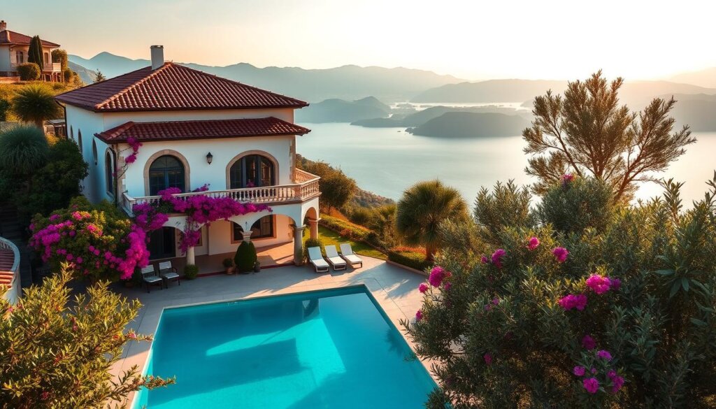 A stunning two-story detached villa nestled in the picturesque hills of Fethiye, Turkey. The Mediterranean-style architecture features white stucco walls, terracotta roof tiles, and arched windows that capture the warm, golden sunlight. In the foreground, a lush, manicured garden bursting with vibrant bougainvillea vines and olive trees. The villa's private swimming pool reflects the azure sky, inviting relaxation. In the middle ground, a panoramic view of the turquoise Aegean Sea and distant mountainous landscape, creating a serene, tranquil atmosphere. Soft, diffused lighting and a subtle hazy effect evoke a sense of timeless, idyllic Mediterranean charm.