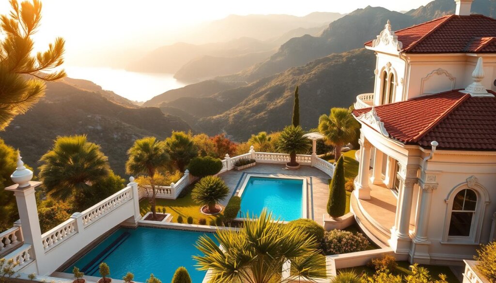 A stunning villa nestled amid the breathtaking landscapes of Kalkan, Turkey. The foreground showcases the villa's elegant exterior, with its pristine white walls, terracotta roof tiles, and ornate architectural details. In the middle ground, lush, verdant gardens and a sparkling azure pool create a serene, inviting atmosphere. The background features the dramatic, rugged coastline and rolling hills, bathed in the warm, golden glow of the Mediterranean sun. Soft, diffused lighting illuminates the scene, casting gentle shadows and highlighting the villa's unique charm. The composition is balanced and visually captivating, inviting the viewer to imagine the joys of managing this luxurious property.