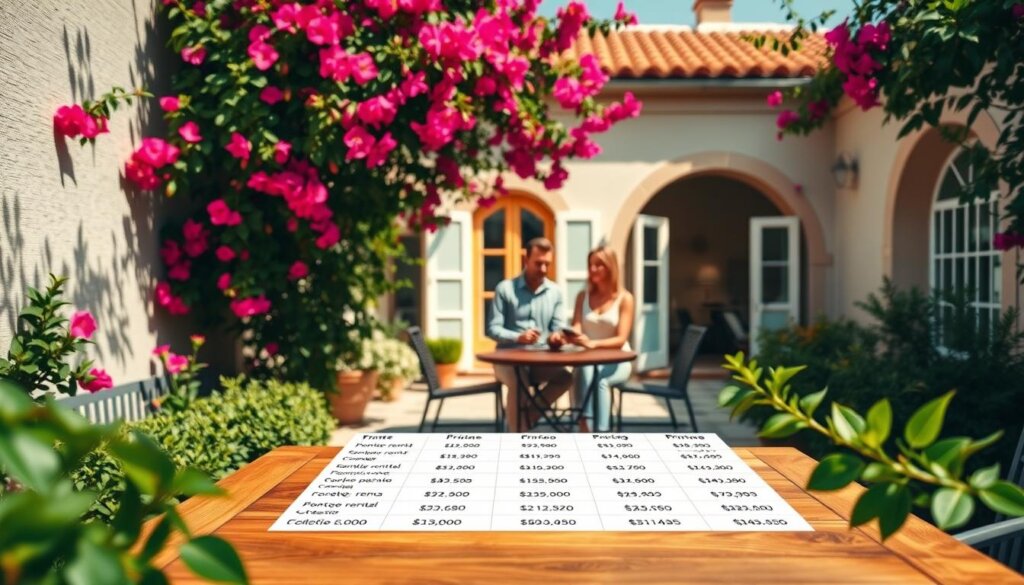 A sun-dappled courtyard in a picturesque Turkish villa, its walls adorned with bougainvillea. In the foreground, a wooden table displays a neatly arranged grid of rental pricing options, meticulously detailed and framed by lush greenery. In the middle ground, a relaxed couple examines the table, contemplating their competitive rental strategy amidst the tranquil ambiance. The background showcases the villa's elegant architecture, with arched windows and a tiled roof, all bathed in the warm glow of a Mediterranean afternoon. The overall scene conveys a sense of thoughtful consideration, as the owners strive to find the optimal rental pricing to maximize their villa's potential.