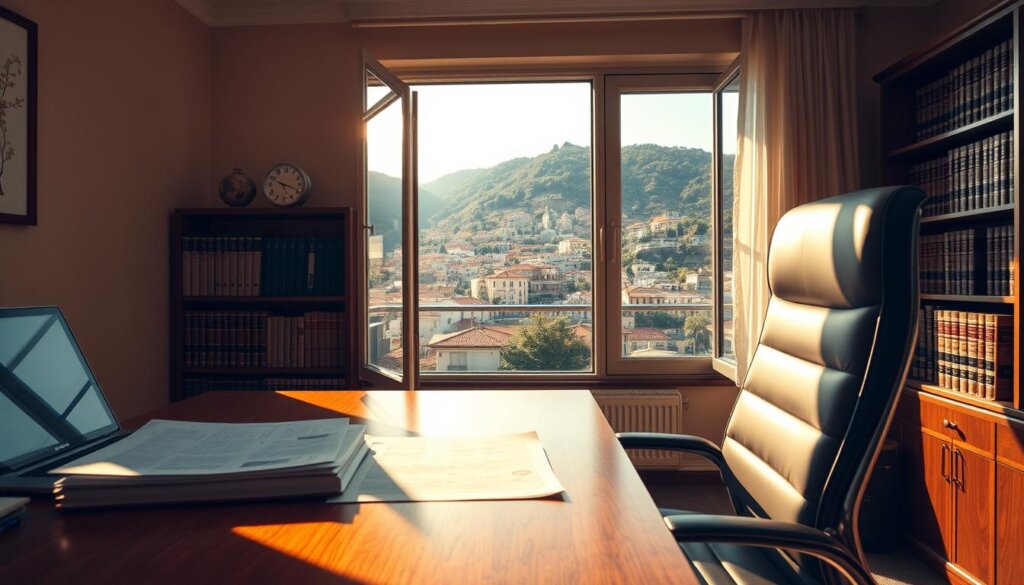 A sun-dappled office interior, with a wooden desk and ergonomic chair. On the desk, a stack of legal documents and a laptop, suggesting an active business transaction. In the middle ground, a bookshelf filled with law books, hinting at the importance of legal research. The far background features a window overlooking the picturesque town of Fethiye, its iconic architecture and lush greenery visible. The lighting is warm and inviting, creating a professional yet comfortable atmosphere. The overall scene conveys a sense of diligence, expertise, and attention to detail - key elements in navigating the legal considerations of real estate investments in Fethiye.