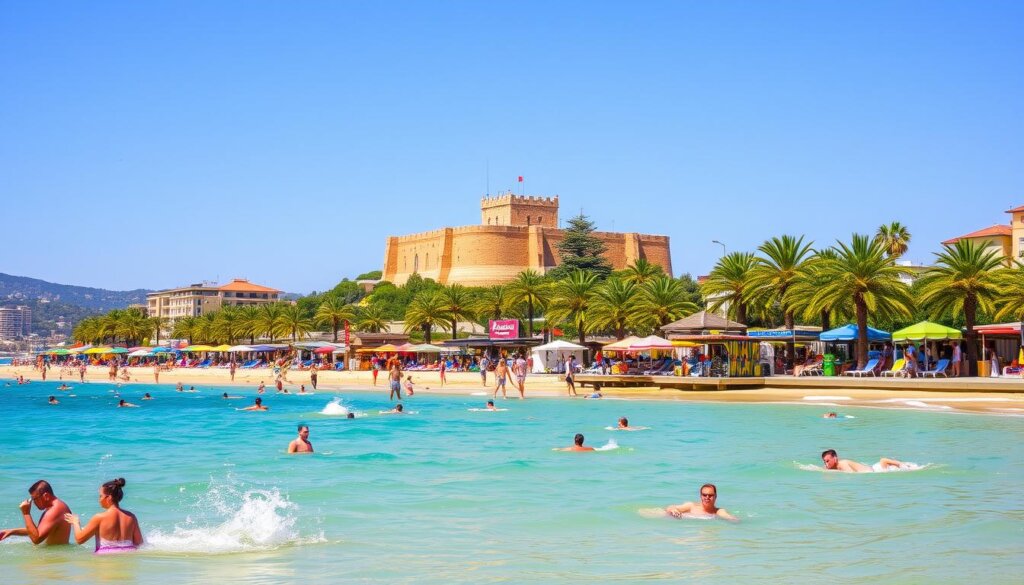 A sun-drenched Alanya beach bustling with summertime activities. In the foreground, beachgoers frolic in the turquoise waters, splashing and diving. Colorful umbrellas and sunbeds dot the golden sands, while nearby, families enjoy a picnic under swaying palm trees. In the middle ground, a lively promenade teems with vendors selling local delicacies and artisanal wares, as street performers entertain the crowds. In the background, the towering Alanya Castle stands guard, its ancient walls bathed in warm, golden light. The scene exudes a vibrant, festive atmosphere, capturing the essence of summer in this captivating Turkish coastal town.
