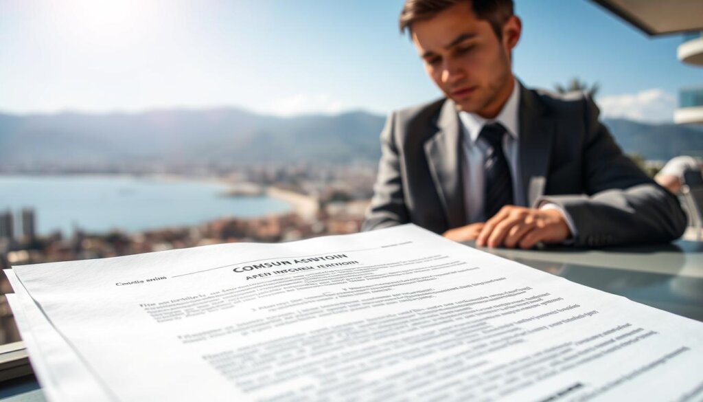 A sun-drenched Antalya cityscape, with the iconic Taurus Mountains in the backdrop. In the foreground, a legal document in Turkish lies open, its pages fluttering gently in the warm Mediterranean breeze. Nearby, a businessperson in a crisp suit examines the contract, their expression one of focused determination. The overall scene conveys the legal and administrative requirements for renting property in this bustling Turkish coastal city, set against its picturesque natural beauty.