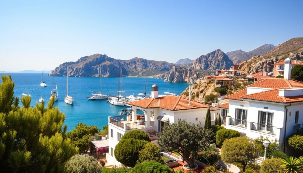 A sun-drenched Mediterranean coastal town, Kas, comes alive in this image. In the foreground, a pristine white villa with terracotta roofing stands proudly, its balconies overlooking the glistening azure waters of the Aegean Sea. Lush, fragrant gardens surround the property, hinting at the luxurious lifestyle on offer. In the middle ground, boats bob gently in the harbor, their masts reflecting the warm, golden light. The background is dominated by rugged, sun-kissed cliffs, their craggy silhouettes framing the scene, suggesting the timeless allure of this real estate hotspot. The overall mood is one of tranquility, sophistication, and the promise of a life well-lived, capturing the current trends in Kas' thriving real estate market.