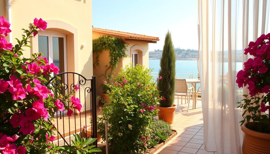A sun-drenched Mediterranean villa in Mersin, its terracotta tiles and whitewashed walls gleaming under a warm afternoon sky. In the foreground, a well-tended garden overflows with vibrant bougainvillea and fragrant jasmine, a wrought-iron gate inviting visitors to step inside. The middle ground reveals a spacious, modern apartment, its balcony offering breathtaking views of the sparkling turquoise sea. In the background, the historic city skyline rises, a tapestry of minarets and domes, hinting at the rich cultural heritage of this coastal gem. Soft, diffused lighting filters through sheer curtains, creating an atmosphere of tranquility and comfort - the perfect stage for a new tenant to envision their life in this Mersin rental property.