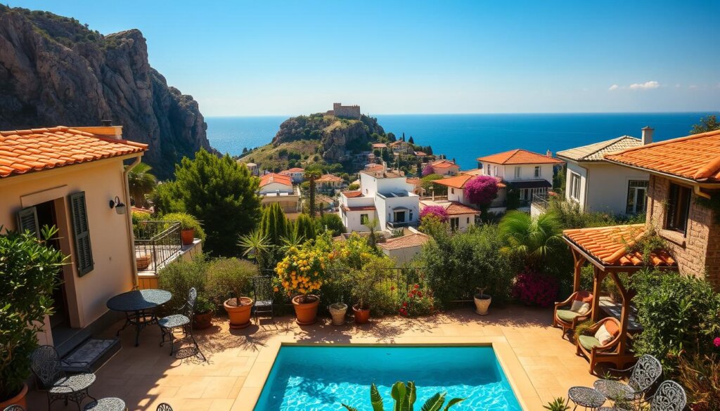A sun-drenched Mediterranean villa nestled against a backdrop of rugged cliffs, surrounded by lush, verdant gardens. The foreground features a picturesque terrace with ornate wrought-iron furniture, potted citrus trees, and a sparkling azure pool reflecting the cloudless sky. In the middle ground, whitewashed buildings with tile roofs cascade down the hillside, their facades adorned with bougainvillea vines and wooden shutters. The distant horizon is framed by the shimmering turquoise waters of the Alanya coastline, with the iconic Alanya Castle perched atop a dramatic rocky promontory. Warm, golden light bathes the scene, evoking a sense of relaxation and timeless charm.