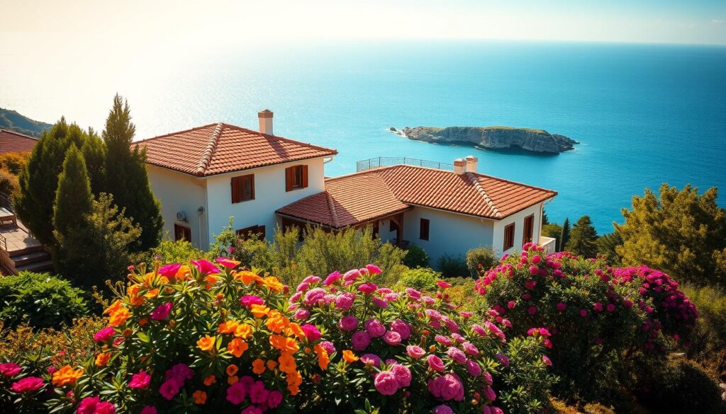 A sun-drenched Mediterranean villa nestled in the rolling hills of Antalya, its terracotta roof and whitewashed walls gleaming under the warm Turkish sky. In the foreground, a well-manicured garden bursting with vibrant flowers and lush greenery. The villa's location commands a sweeping view of the azure Aegean Sea, its shimmering waves lapping against the rocky shoreline in the distance. Warm, gentle light filters through the scene, casting a soft, inviting glow and highlighting the villa's prime position atop a gently sloping hill. The overall mood is one of tranquility, exclusivity, and the promise of a luxurious, high-value lifestyle.