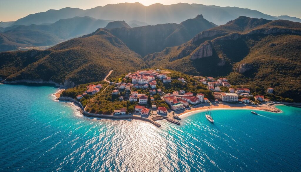 A sun-drenched aerial view of the stunning coastal town of Kas, Turkey. The vibrant azure waters of the Mediterranean Sea glisten in the foreground, with the picturesque whitewashed buildings and terracotta roofs of the town nestled among the lush green hills in the middle ground. In the distance, the rugged, rocky cliffs and verdant mountains rise, creating a dramatic backdrop. The scene is bathed in warm, golden sunlight, casting long shadows and highlighting the region's natural beauty. The overall atmosphere conveys a sense of tranquility, inviting the viewer to imagine the thriving real estate market and diverse range of properties available in this idyllic Turkish locale.