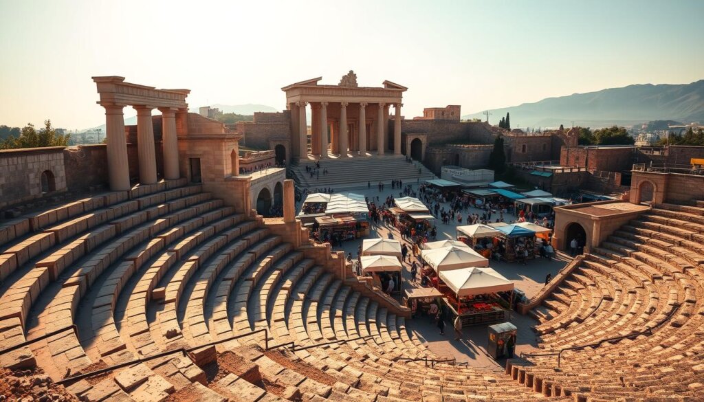A sun-drenched ancient amphitheater stands in the foreground, its weathered stone seats and columns casting long shadows across the scene. In the middle ground, a bustling marketplace teems with vibrant stalls, local artisans showcasing their handcrafted wares. Towering in the background, the iconic ruins of the Temple of Apollo rise majestically, a testament to the rich cultural heritage of Side, Manavgat. Warm Mediterranean light filters through the scene, creating a sense of timeless, historic atmosphere.