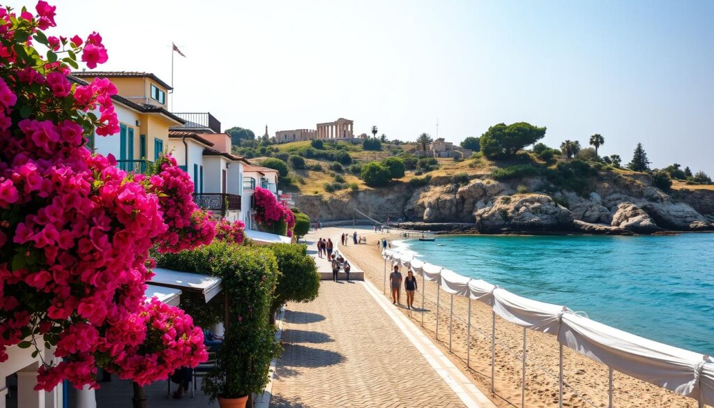 A sun-drenched beachfront in Side, Turkey, with traditional Mediterranean architecture lining the sandy shores. In the foreground, vibrant bougainvillea spill from colorful balconies, casting a warm glow on the cobblestone promenade below. Further back, the turquoise waters of the Aegean Sea gently lap against the rocky cliffs, dotted with ancient ruins peeking through lush vegetation. Overhead, a clear sky with soft, diffused lighting creates a serene, timeless atmosphere, perfectly capturing the essence of Side's captivating coastal charm.