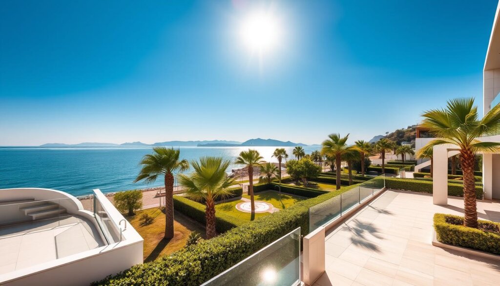 A sun-drenched beachfront property in Belek, Turkey, with a stunning view of the Mediterranean Sea. In the foreground, a modern villa with clean architectural lines and a spacious balcony overlooking the glistening waters. The middle ground features a lush garden oasis, with swaying palm trees and manicured hedges. In the background, the silhouettes of distant mountains rise against a clear blue sky, creating a serene and idyllic atmosphere. The image is captured through a wide-angle lens, emphasizing the expansive and picturesque nature of the Belek real estate landscape.