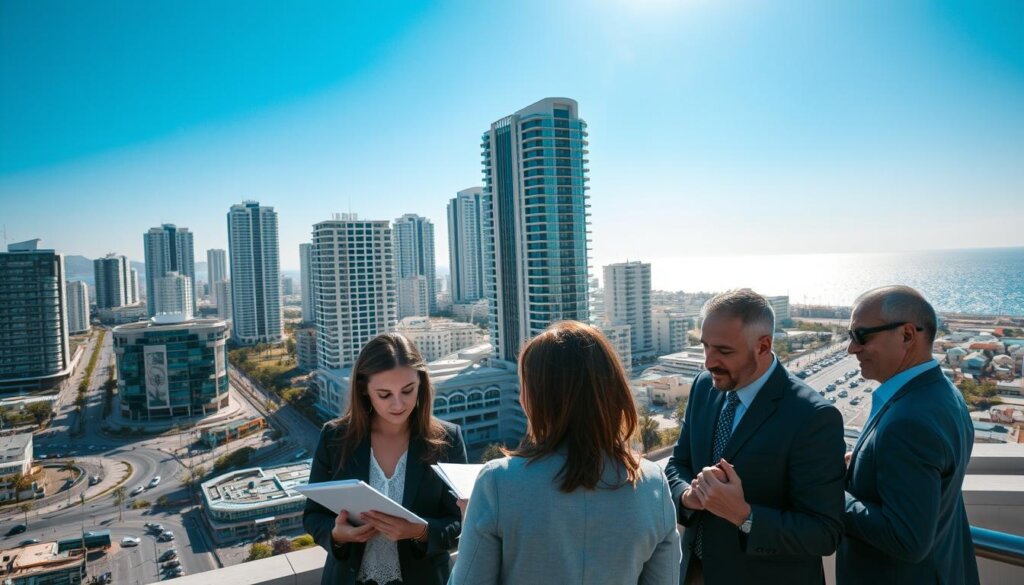 A sun-drenched cityscape of Mersin, Turkey, with towering high-rise buildings and bustling streets. In the foreground, a group of well-dressed individuals discuss property investment opportunities, their expressions animated as they pore over documents and tablet screens. The middle ground features a mix of modern residential complexes and commercial buildings, their glass facades reflecting the azure sky above. In the background, the sparkling waters of the Mediterranean Sea glisten, hinting at the coastal charm and appeal that draws investors to this thriving region. The scene conveys a sense of optimism and opportunity, capturing the dynamic property investment trends shaping the growth of Mersin.
