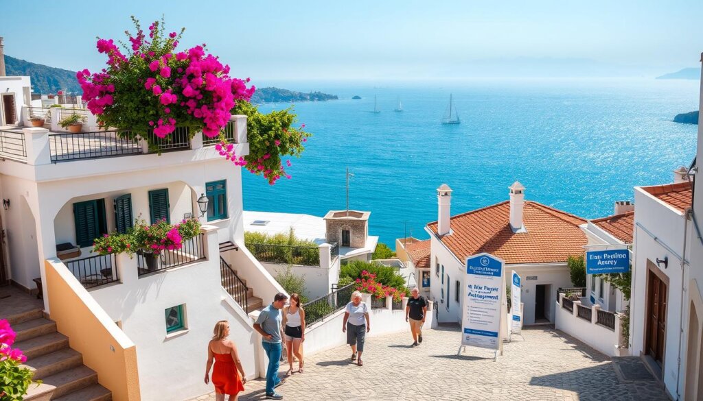 A sun-drenched coastal town in Turkey, Kas, with its charming whitewashed buildings, cobblestone streets, and panoramic views of the Mediterranean. In the foreground, a well-maintained vacation rental property, its balconies adorned with vibrant bougainvillea. Potential renters explore the property, admiring the modern amenities and the stunning vistas beyond. In the middle ground, a local property management agency, its signage prominently displayed, guiding visitors through the rental process. In the background, the shimmering blue waters of the Aegean Sea, sailboats dotting the horizon, creating a serene and inviting atmosphere. Soft, warm lighting bathes the entire scene, capturing the essence of Kas and the opportunities it presents for vacation rentals.
