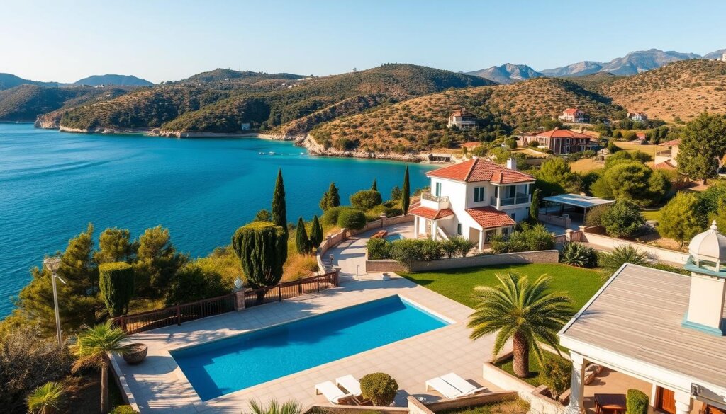 A sun-drenched coastal town in southern Turkey, Kas offers a range of property options nestled among rolling hills and turquoise waters. In the foreground, showcase a well-appointed villa with a private pool, terrace, and panoramic views of the Mediterranean. In the middle ground, depict a charming townhouse with traditional Turkish architecture, surrounded by lush greenery. In the background, highlight a plot of land with sweeping vistas, perfect for a custom-built dream home. Bathe the scene in warm, golden light, capturing the tranquil, idyllic atmosphere of this picturesque Aegean paradise.